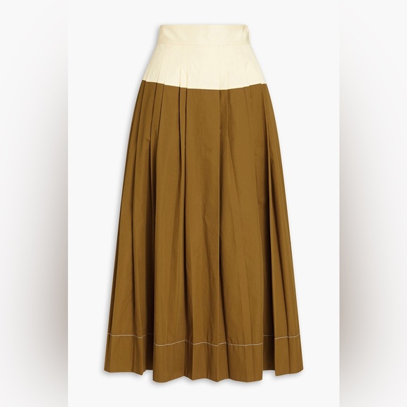 Tory Burch Two-tone Pleated Cotton-twill Midi Skirt In Brown/Dark Mustard Size 6 - Picture 1 of 9